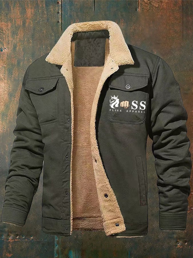 Men's Retro Letter Print Plush Jacket