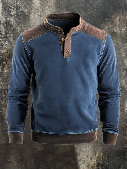 Men's Retro Stitching Contrast Color Henley Collar Casual Long Sleeve Sweatshirt