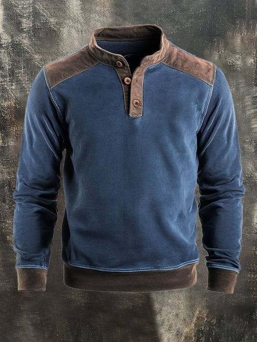 Men's Retro Stitching Contrast Color Henley Collar Casual Long Sleeve Sweatshirt