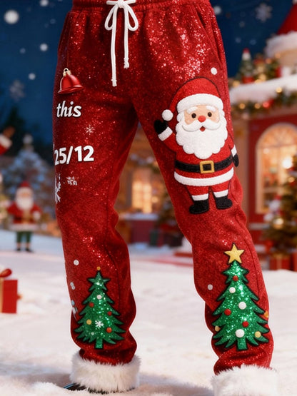 Men's Christmas Patchwork Furry Sequin Print Casual Pants