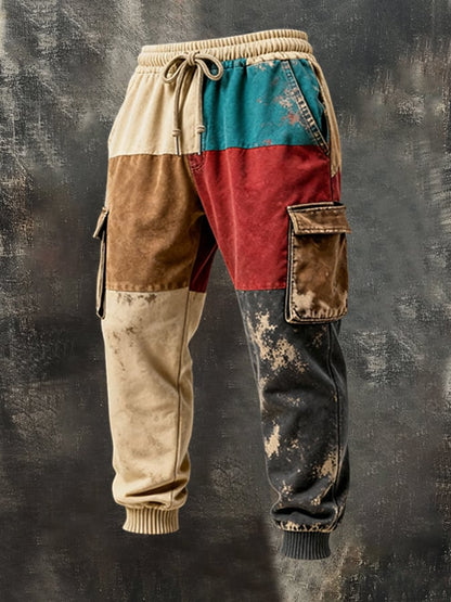 Men's Retro Color Block Contrast Crew Neck Casual Sweatshirt Suit