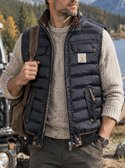 Men's Retro Leather-Panelled Insulated Outdoor Hooded Vest