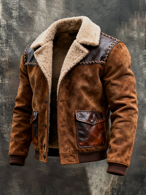 Men's Retro Large Fur Collar Spliced Leather Contrast Color Jacket