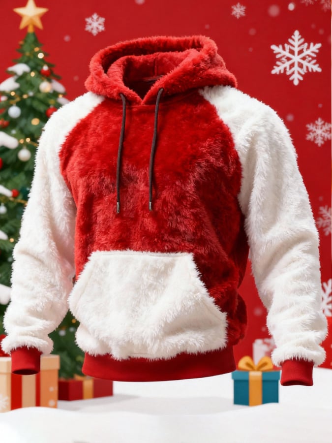 Men's Warm Plush Stitching Contrast Color Christmas Hooded Sweatshirt