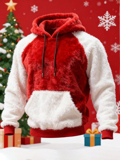 Men's Warm Plush Stitching Contrast Color Christmas Hooded Sweatshirt