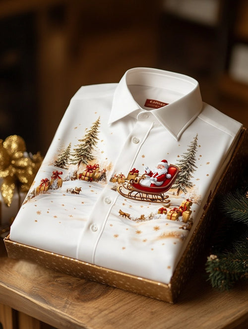 Men's Business Retro Santa Claus Print Long Sleeve Shirt