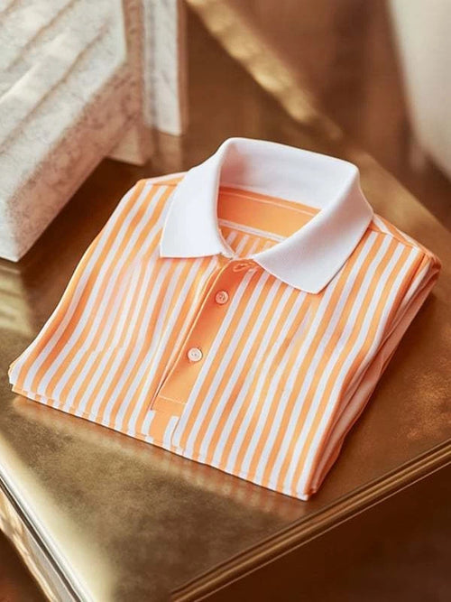 Men's Classic Two-Tone Versatile Stripe Logo Button Short Sleeve Polo Shirt