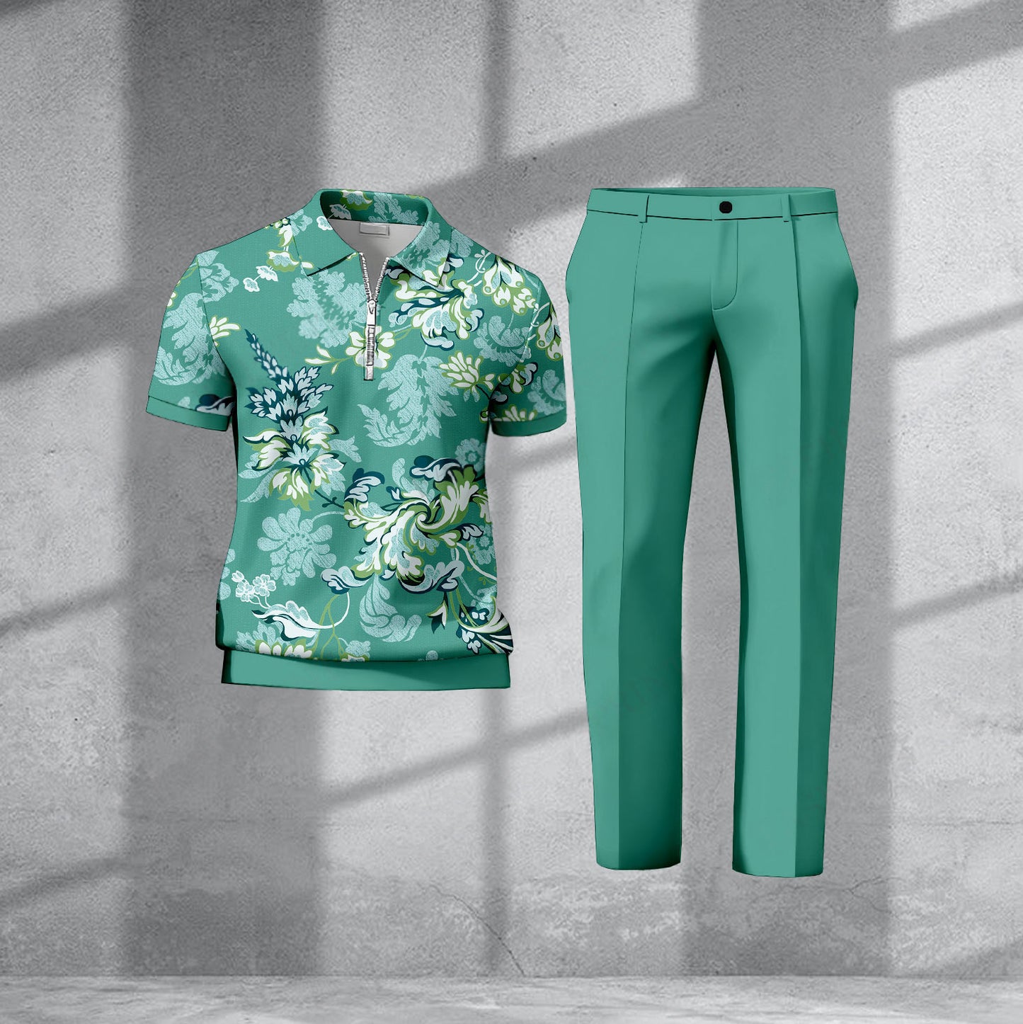 Men's Casual Green Printed Polo Short-Sleeve T-Shirt And Pants Two-Piece Set