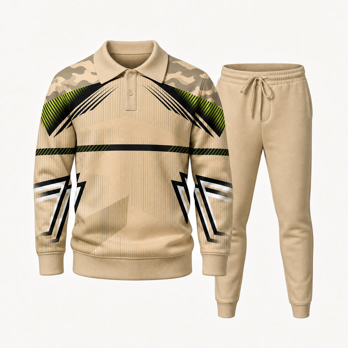 Men's Khaki Camouflage-Print Polo Shirt and Pants Two-Piece Set