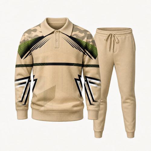 Men's Khaki Camouflage-Print Polo Shirt and Pants Two-Piece Set
