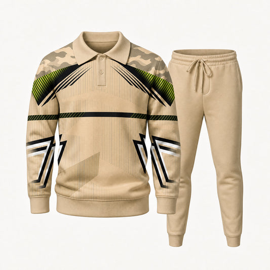 Men's Khaki Camouflage-Print Polo Shirt and Pants Two-Piece Set