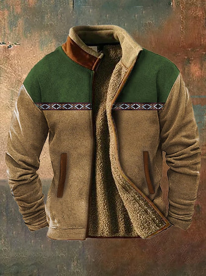 Men's vintage western hunting patchwork warm fleece jacket