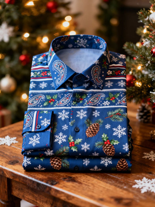 Men's business plaid paisley Christmas pine cone print long-sleeved shirt