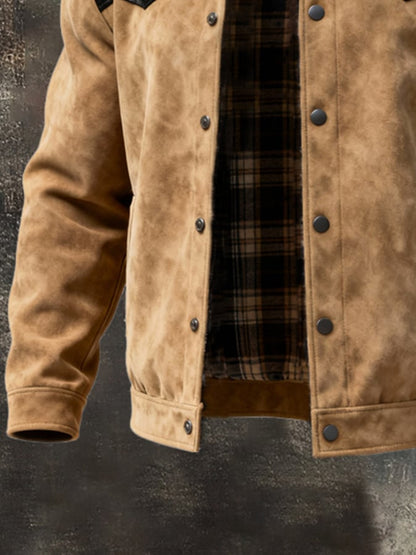 Men's Retro Contrast Plaid Lined Splicing Fur Lapel Jacket