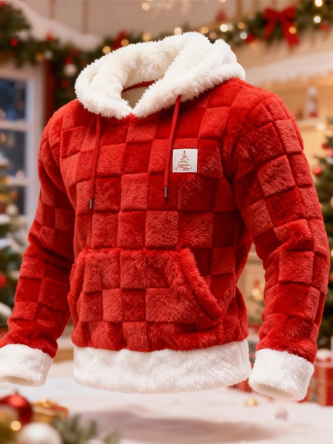 Men's 3D Textured Warm Plush Color-Blocked Christmas Hooded Sweatshirt