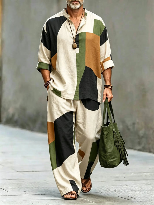 Men's Vintage Abstract Art Printed Cotton Shirt Set (Top & Pants)