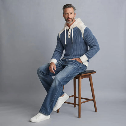 Men's Stylish Color Block Fluffy Hooded Ribbed Knit Pullover Sweater