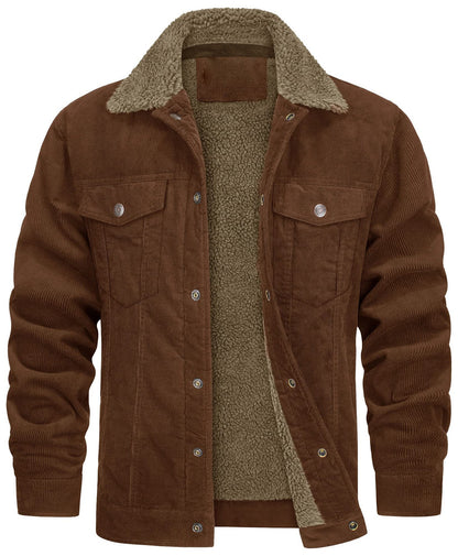 Men's Casual Fleece Lined Lapel Corduroy Trucker Jacket