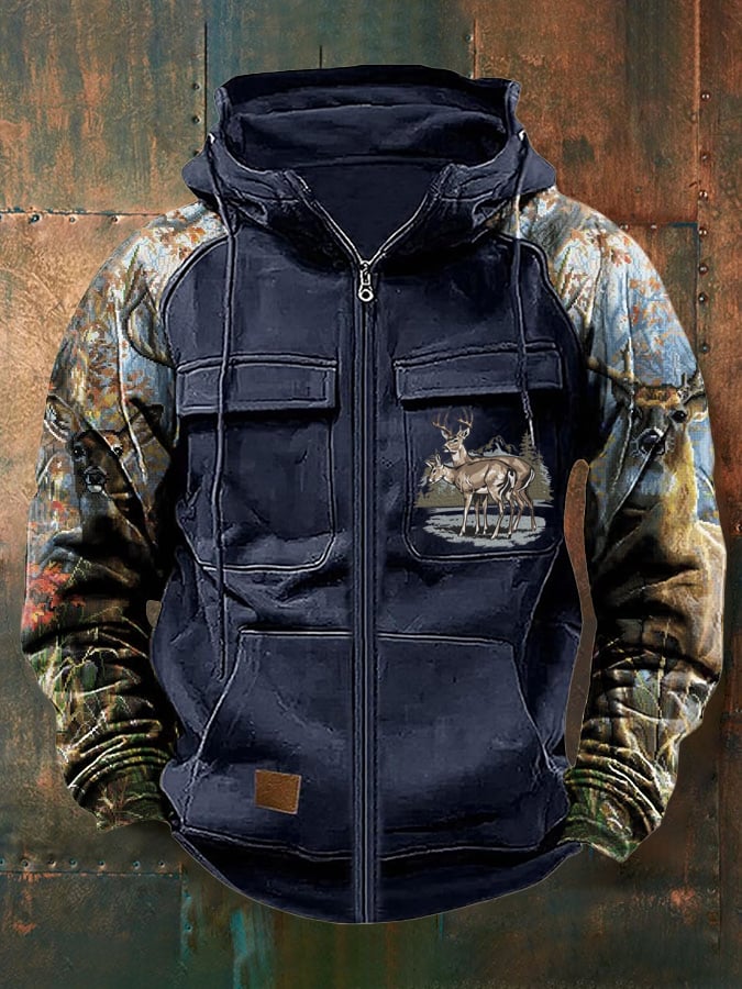 Men's Vintage Western Deer Print Multi-Pocket Jacket