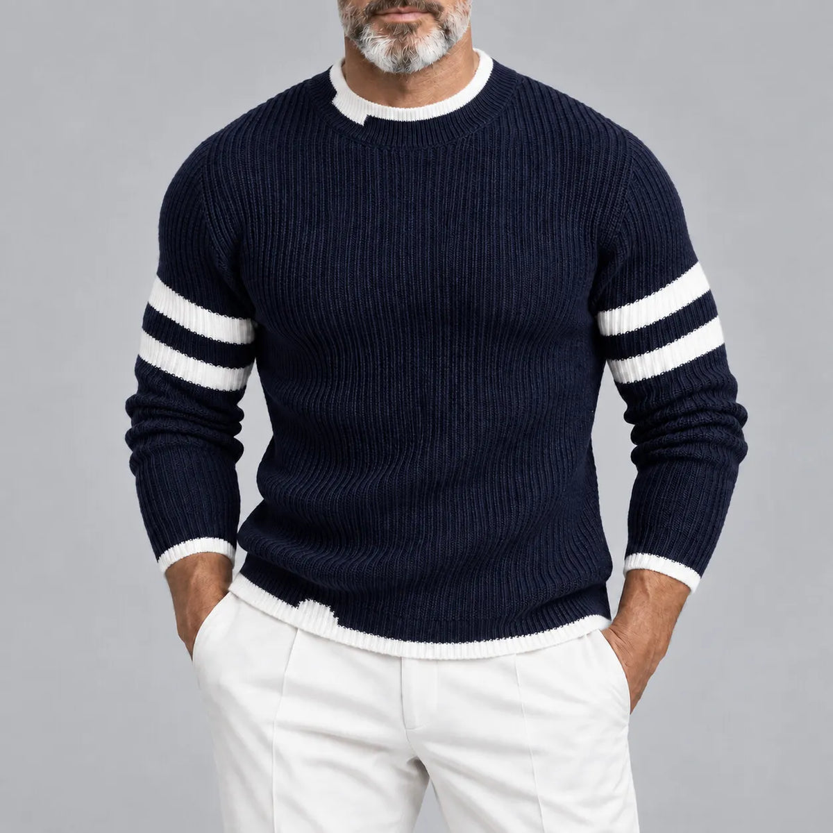Men's Black Contrast Stripes Ribbed Knit Crew Neck Casual Pullover Sweater