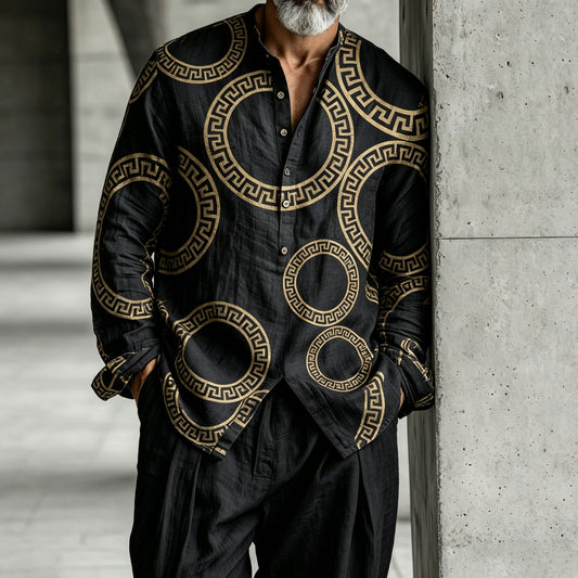 Men's Black and Gold Color-Blocked Stand-Up Collar Half-Button Henry Shirt and Pants