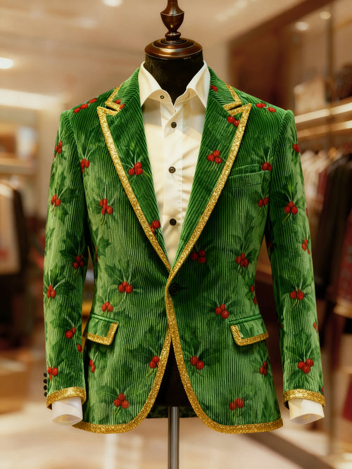 Men's Vintage Christmas Holly Berries Print Casual Jacket