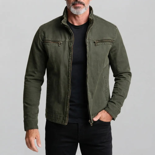 Men's Vintage Army Green Stand Collar Zipper Pockets Slim Jacket