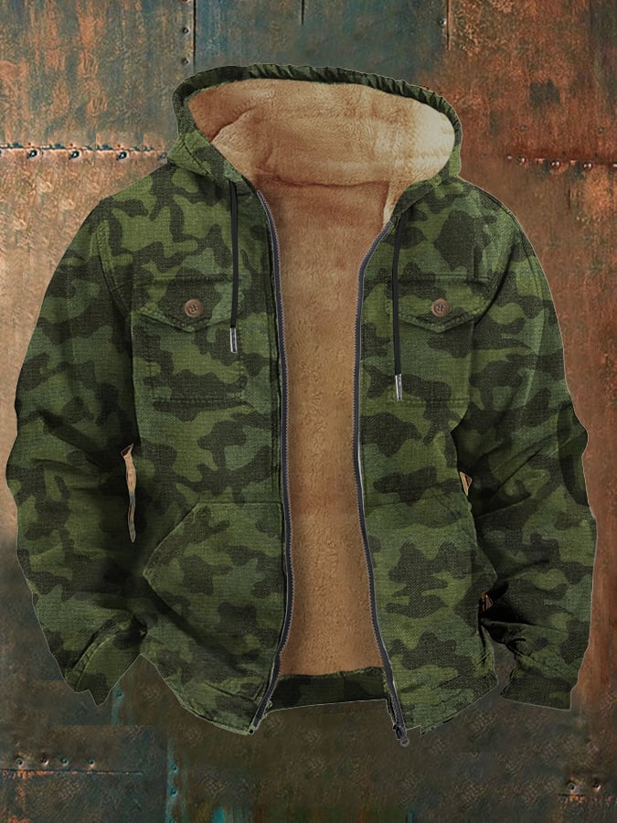 Men's Vintage Plant Camouflage Outdoor Fleece Pocket Jacket