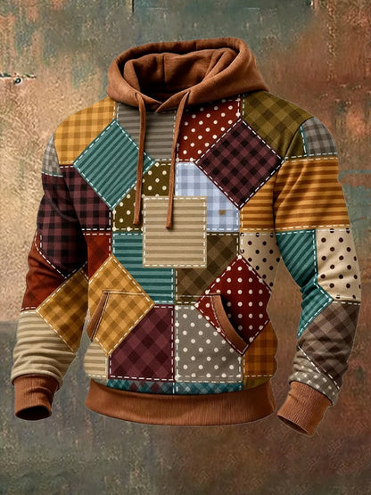 Men's Retro Distressed Color Block Print Casual Long Sleeve Sweatshirt