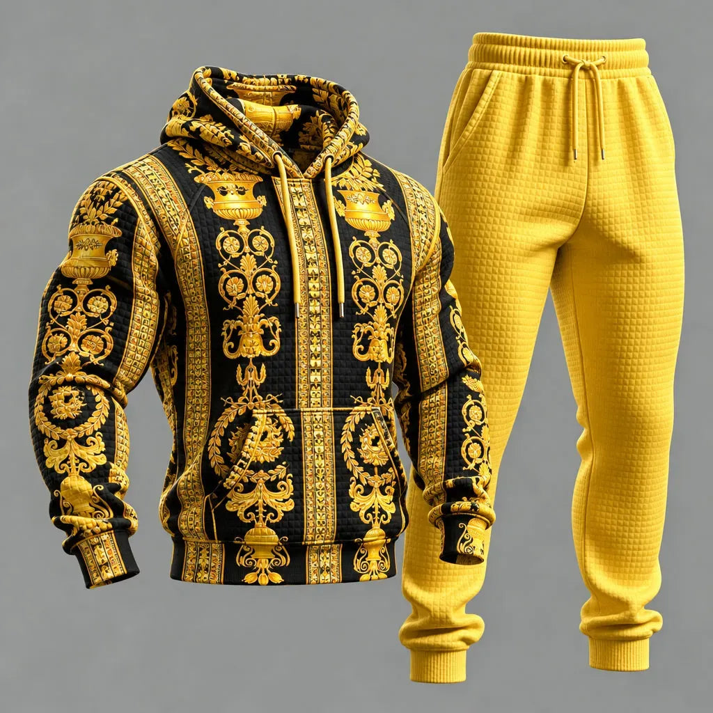 Men's Black Gold Baroque Print Hoodie and Sweatpants Two-Piece Set