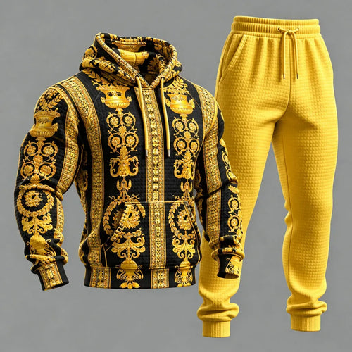 Men's Black Gold Baroque Print Hoodie and Sweatpants Two-Piece Set