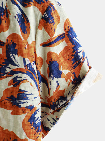 Men's Retro Floral Orange Short Sleeve Button Up Shirt