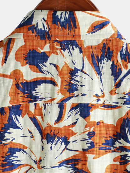 Men's Retro Floral Orange Short Sleeve Button Up Shirt