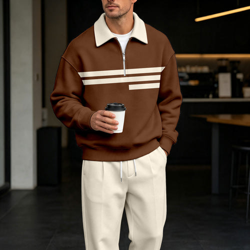 Men's Color-Blocked Striped Zipper Polo Shirt and Pants Set