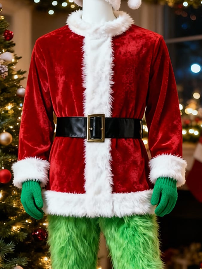 Men'S Warm Plush Patchwork Contrast Color Christmas Suit