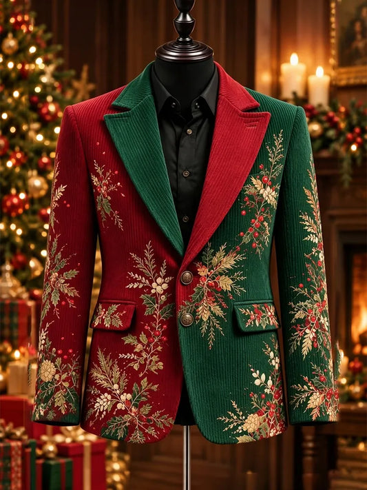 Men's Christmas Color-block Floral Corduroy Casual Blazer