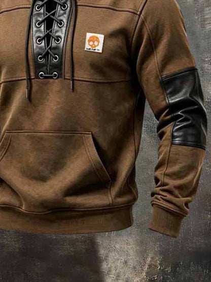 Men's Retro Paneled Leather-Detail Lace-Up Sweatshirt