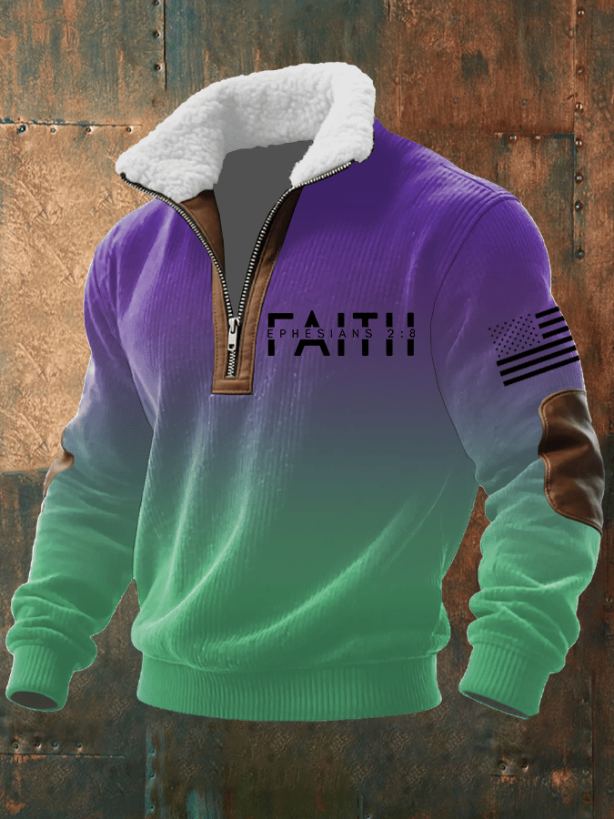 Men's Faith Print Knitted Fabric Zipper Fur Collar Long-Sleeved Sweatshirt