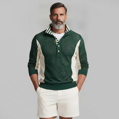 Men's Striped Stand Collar Mesh Hollow Out Colorblock Pullover Sweatshirt