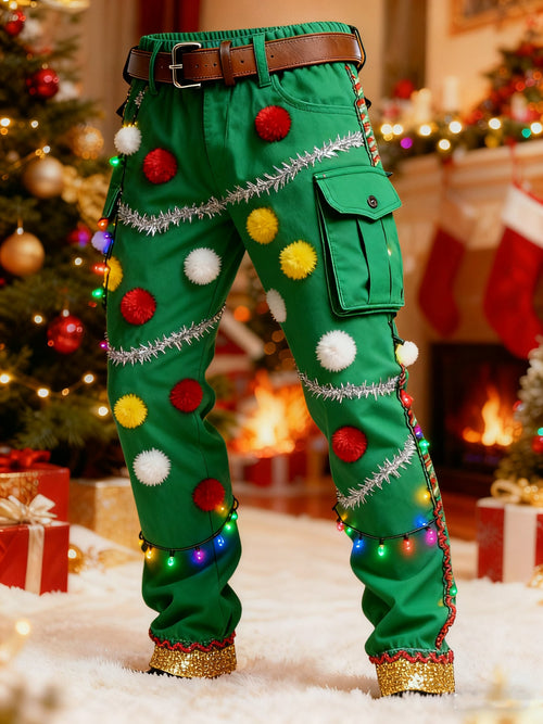 Men's Christmas Lights Mistletoe Printed Cargo Pants