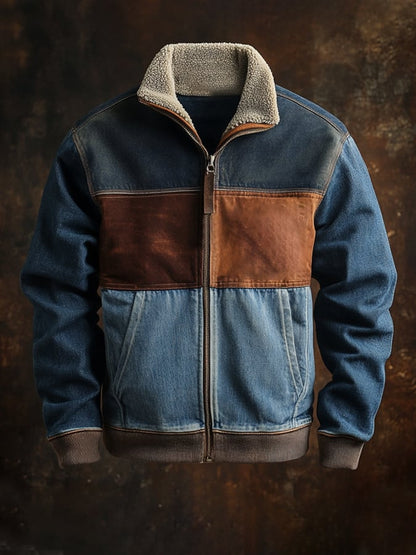 Men's Retro Stitching Contrast Color Zipper Fur Collar Jacket