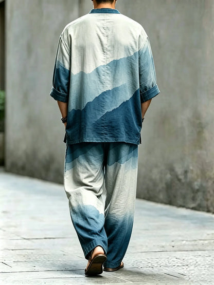 Men's Vintage Abstract Art Printed Cotton Shirt Set (Top & Pants)