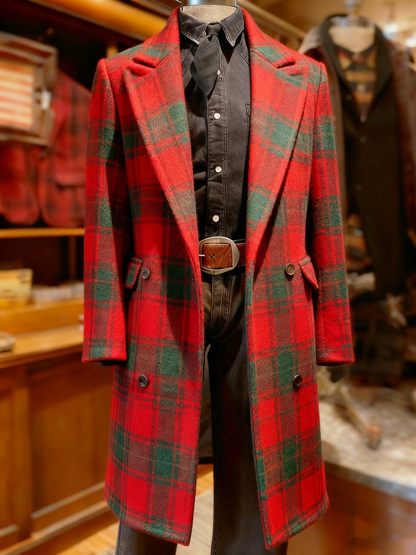 Men's Business Christmas Plaid Long Wool Coat