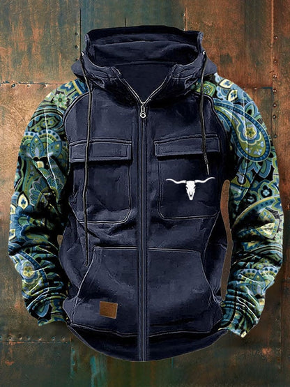 Men's Vintage Western Print Multi-Pocket Jacket
