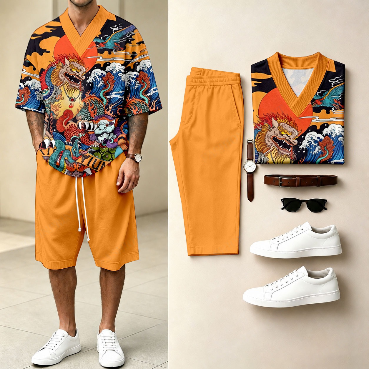 Men's Casual Red Sun Lion Print V-Neck Short-Sleeve T-Shirt And Shorts Two-Piece Set