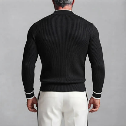 Men's Black Ribbed Knit Stand Collar Contrast Piping Slim Fit Wrapped Sweater