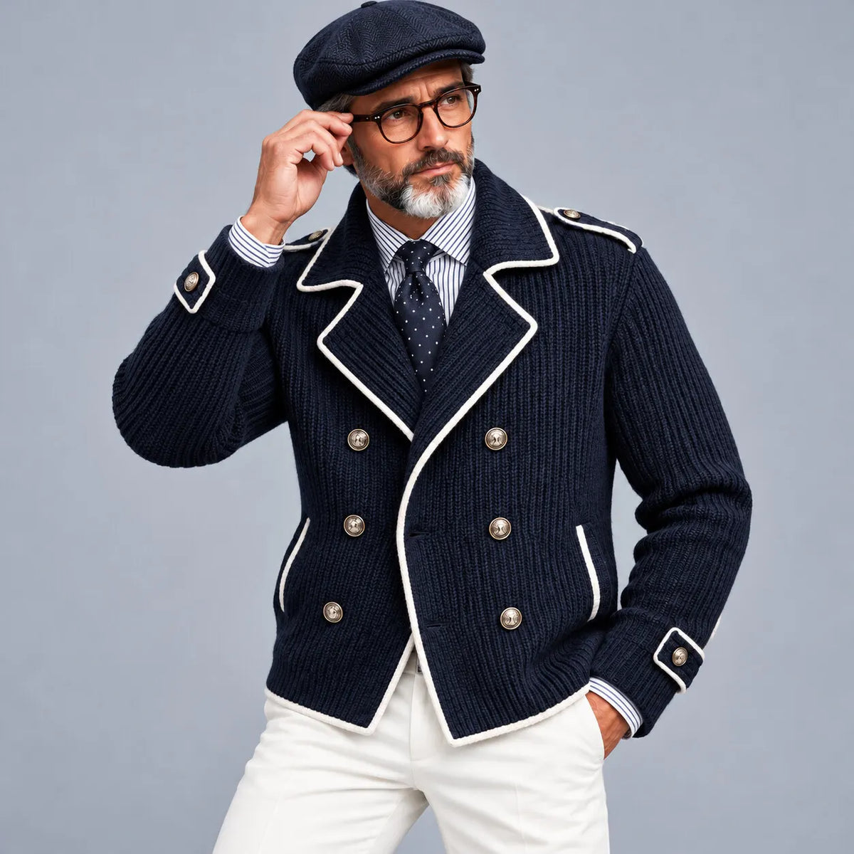 Men's Business Casual Navy Blue Contrast Piping Notch Lapel Double-Breasted Ribbed Knit Jacket