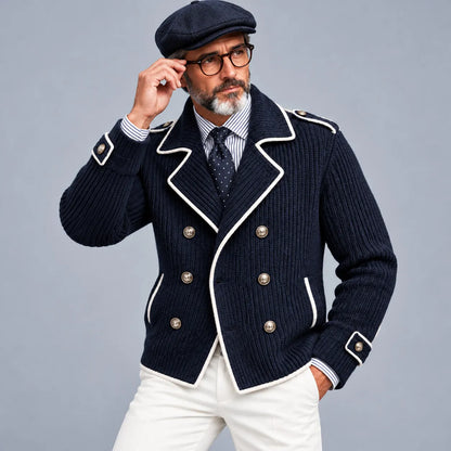 Men's Business Casual Navy Blue Contrast Piping Notch Lapel Double-Breasted Ribbed Knit Jacket