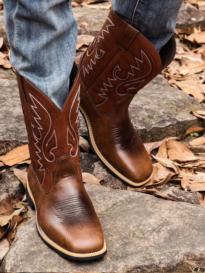 Men's High-Top Embroidered Vintage Wide-Toe Western Cowboy Boots