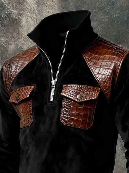 Men's Retro Stitching Contrast Color Half Zip Long Sleeve Sweatshirt